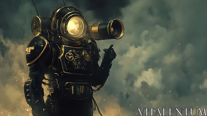 Steam-powered astronaut in smoke-filled cosmic dusk.