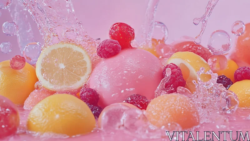 Hyperreal citrus and berry splash with glossy pink sphere