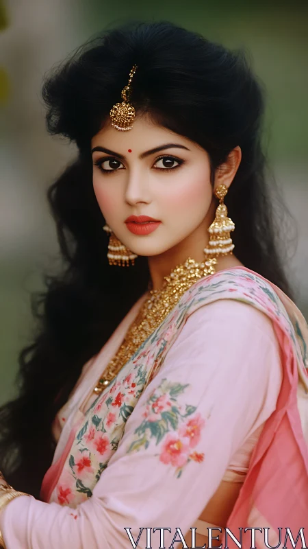 Ethereal bride in blush sari, draped in luminous gold grace.