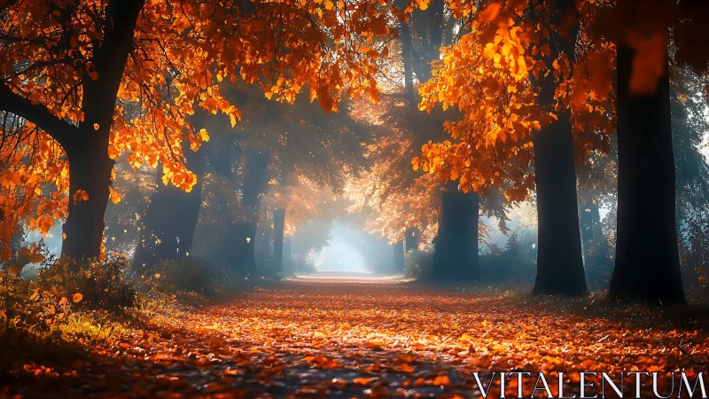 Tree-lined forest path covered with dense autumn foliage.