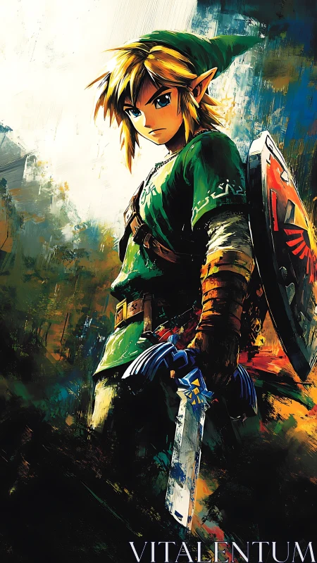 Forest-born swordbearer poised in storm-brushed light.