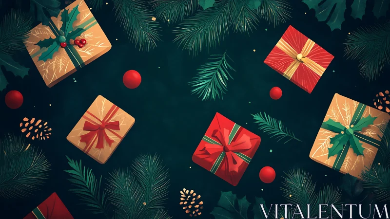 Orthogonal festive layout with pine foliage and wrapped gifts.
