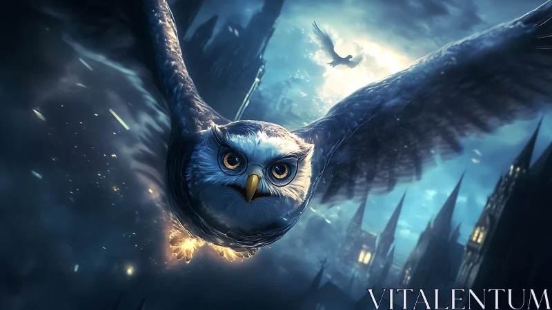 Digital owl in low-angle flight above illuminated city towers
