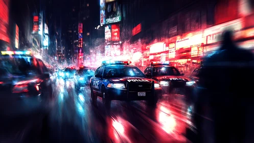 Police cars moving through neon lit rainy city street.