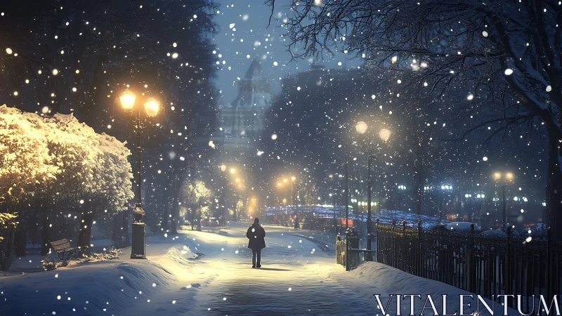 Solitary winter wanderer under spellbound city lamplight.