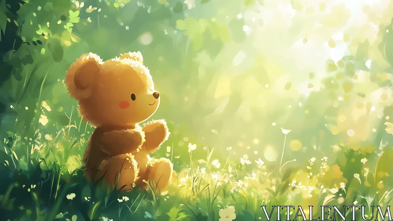 Luminous teddy bear in sun-diffused forest glade environment.
