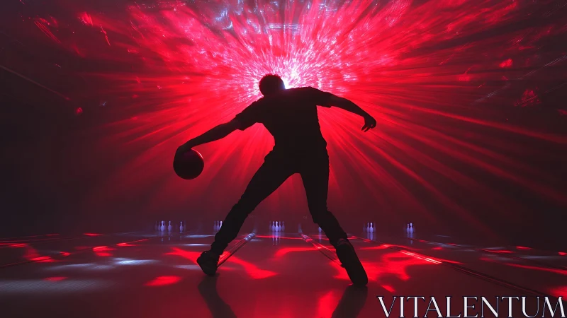 Photorealistic bowling silhouette under explosive red backlight.