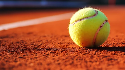Bright tennis ball rests on sunlit clay court baseline