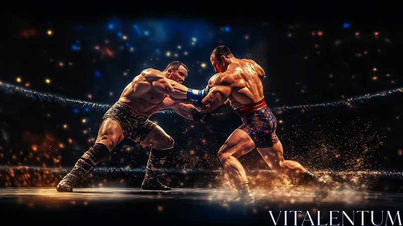 Two muscular fighters engaged in intense boxing match