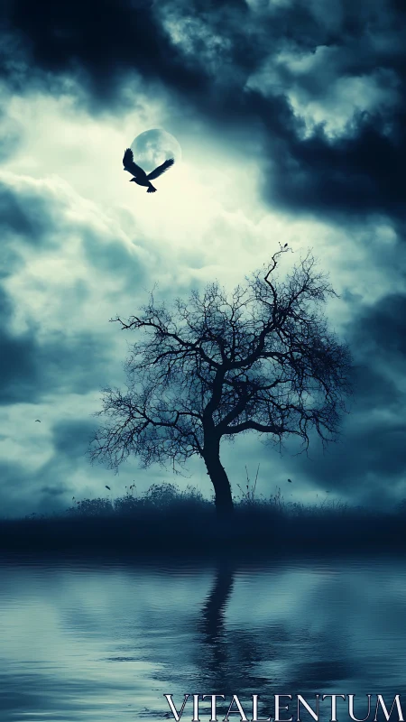 Lonely tree and crow under full moon by dark water.