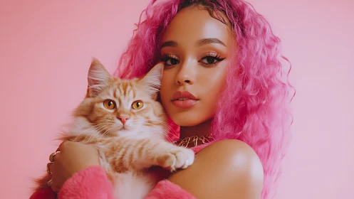 Portrait of individual with vibrant magenta curled hair holding orange tabby cat