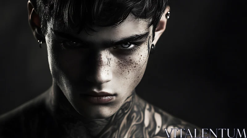 Shadow-lit freckled rebel with quiet, magnetic resolve.