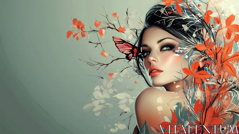 Digital portrait of woman with autumn leaves and butterfly.
