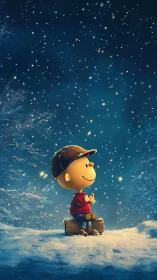 Snowy night wonder with cartoon boy under glowing stars.