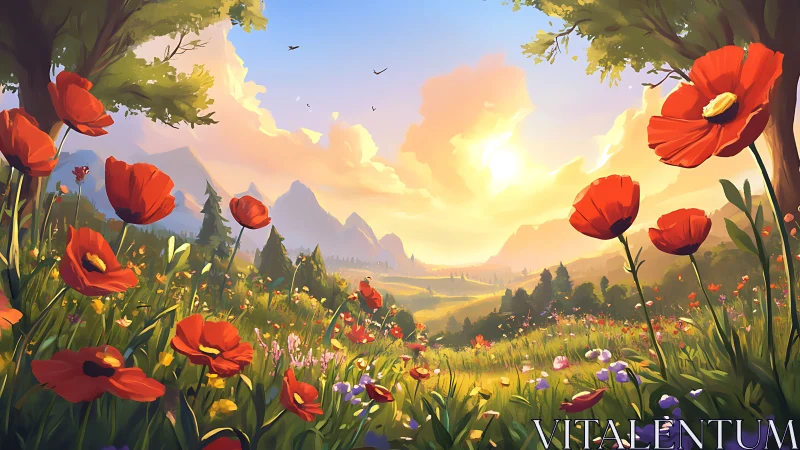Sunlit mountain meadow is framed by large red poppies
