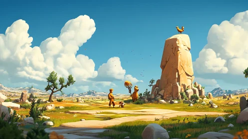 Sunny cartoon savanna unites travelers under towering rock