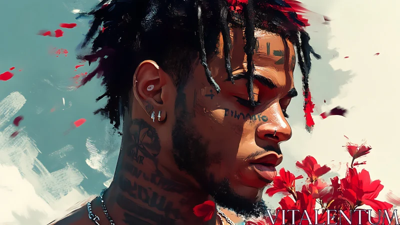 Portrait of tattooed man with red flowers in expressive brushwork