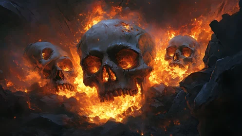 Burning skulls emerging from intense inferno flames.