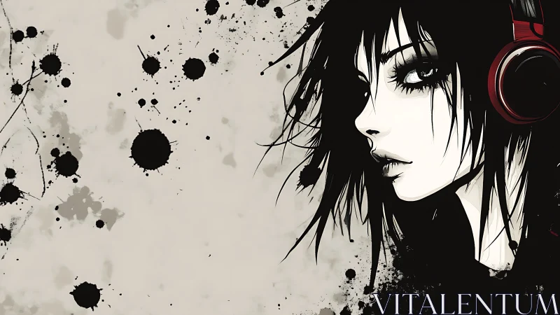Ink splatter anime girl with headphones in stark profile.