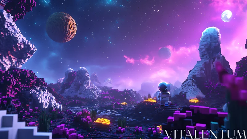 Voxel astronaut exploring neon alien valley at dusk.