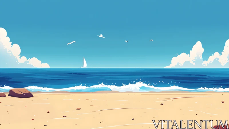 Quiet sail slices the horizon above a sunlit cartoon shore