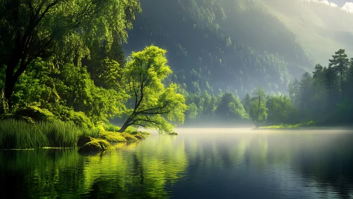 Backlit forest lake landscape renders hyperreal luminous foliage
