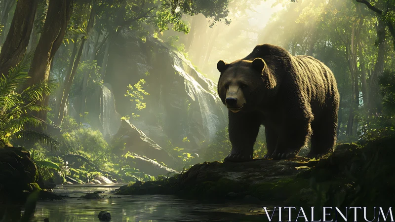 Gentle forest bear wandering through sunlit woodland.
