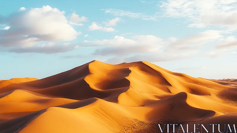 Sunlit desert sand dunes under bright blue sky.