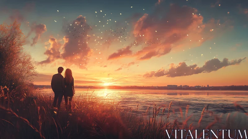 Two Hearts Embracing a Golden Sunset Over Water