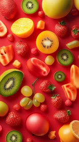 Juicy orbit of neon fruit dancing on a red playground.