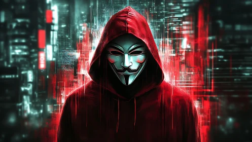 Hooded masked figure stands before glitching neon cityscape