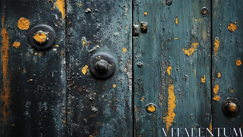 Weathered teal metal door preserves layers of rusted history