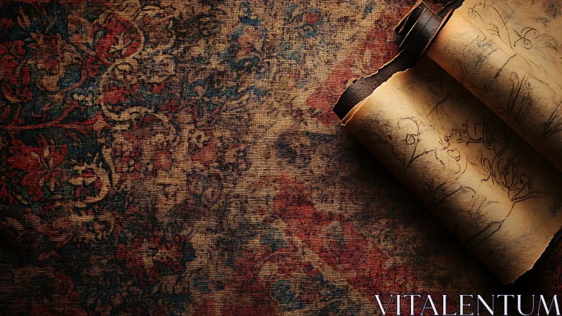 Aged floral parchment scroll on distressed woven tapestry