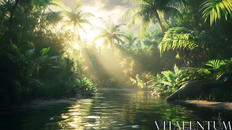 Sunlit tropical river corridor rendered in hyperreal detail