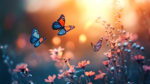 Backlit monarch butterflies over wildflowers at golden hour