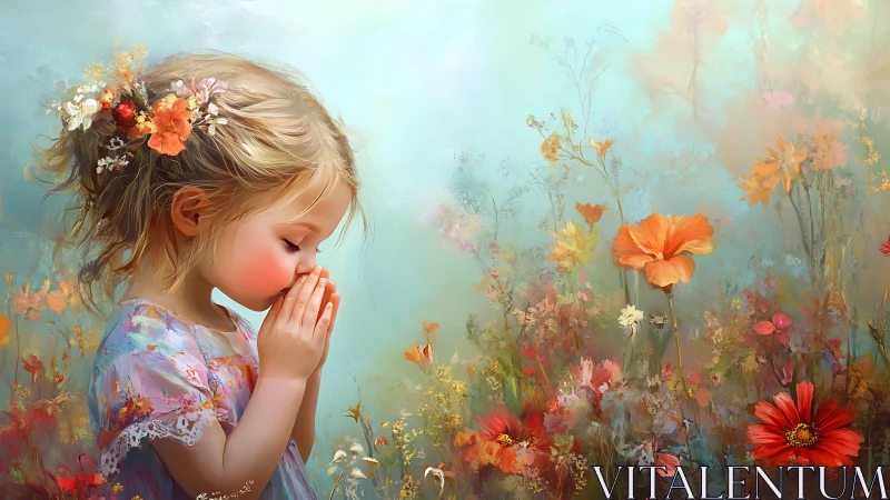 Child in floral bokeh field with atmospheric light scattering.