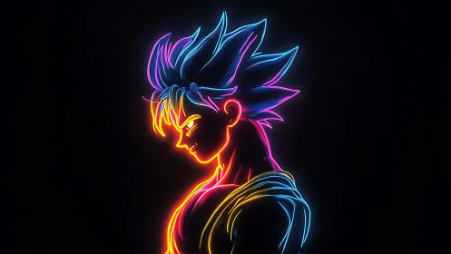 Neon outline of spiky haired anime warrior in profile view