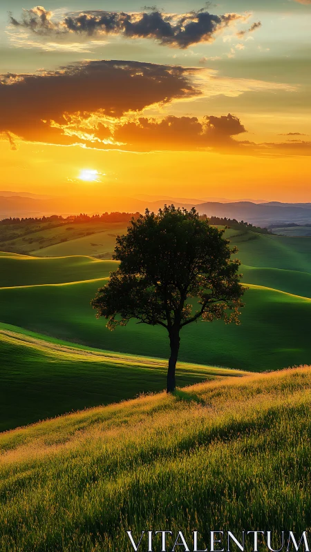 Solitary tree on rolling green hills at low sun angle.