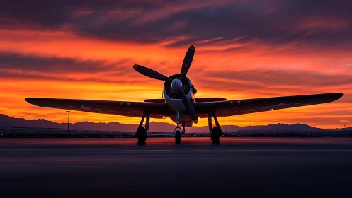 Propeller aircraft on runway against vivid sunset sky.
