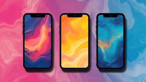 Vibrant smartphones aligned over swirling gradient backdrops.