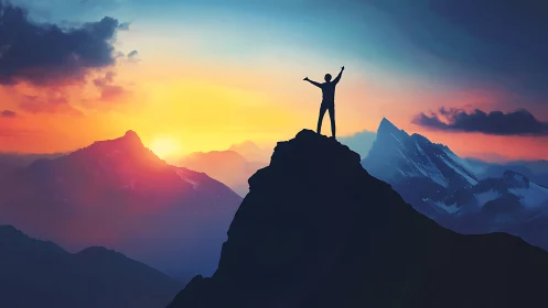 Silhouette on mountain summit against gradient sunset sky.