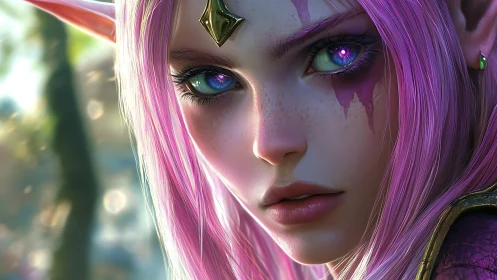 Enchanted elf heroine gazes with glowing violet eyes