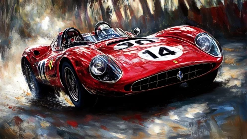 Red vintage race car powers through blurred wet racetrack