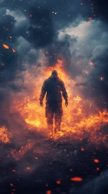 Hooded figure engulfed in ascending cinematic firestorm.