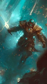 Armored knight strides through luminous icy vortex of power.