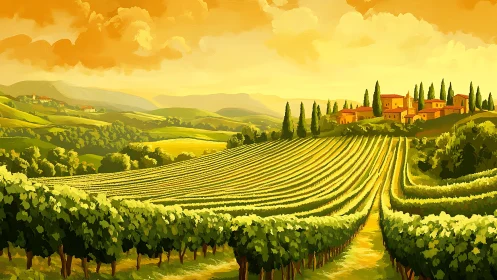 Vineyard rows extend toward distant hills under orange sky