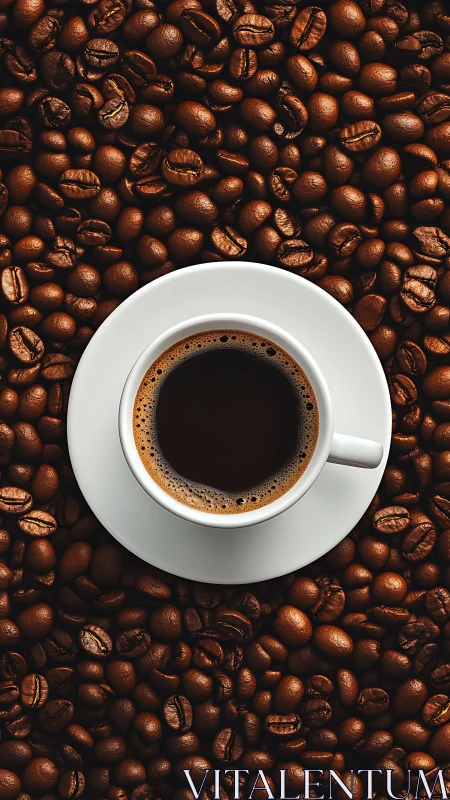 Steaming espresso rests amid rich roasted coffee beans