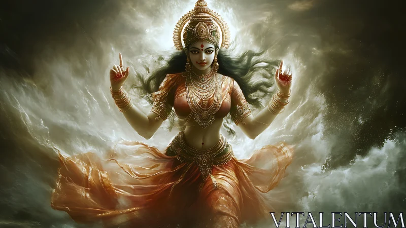 Divine goddess emerging through stormlit oceanic mist.