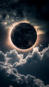 Lunar disk obscuring light source above layered cloud field.