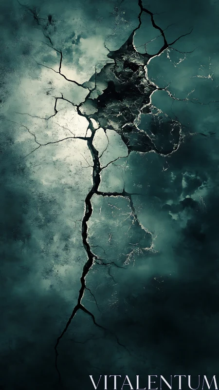 Vertical ground fissure splitting dark stormy surface.